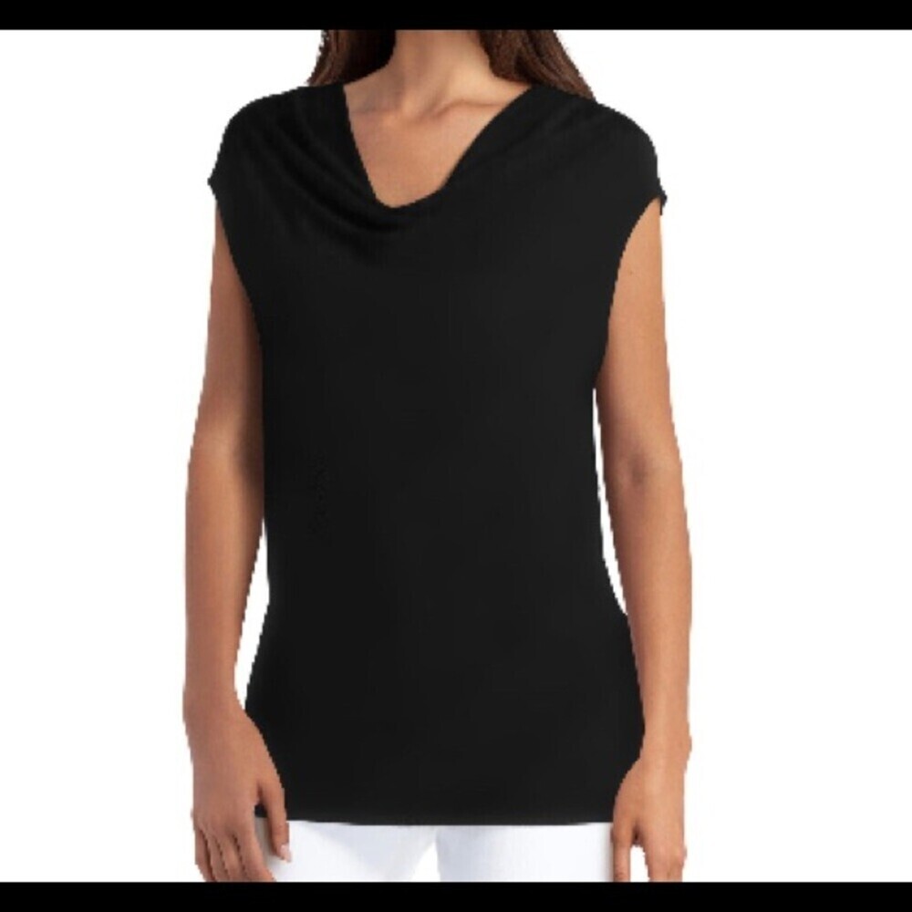 HALSTON top/blouse EXTENDED SHOULDER DRAPE NECK BLOUSE -NEW SZ SM black slinky